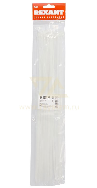 Хомут 400 мм x 4, 8 мм Rexant, белый, 25 шт