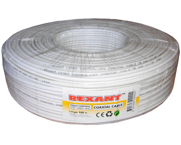 Кабель видеонаблюдения D=5 мм + 2 x 0.5 мм Rexant, белый, 100 м